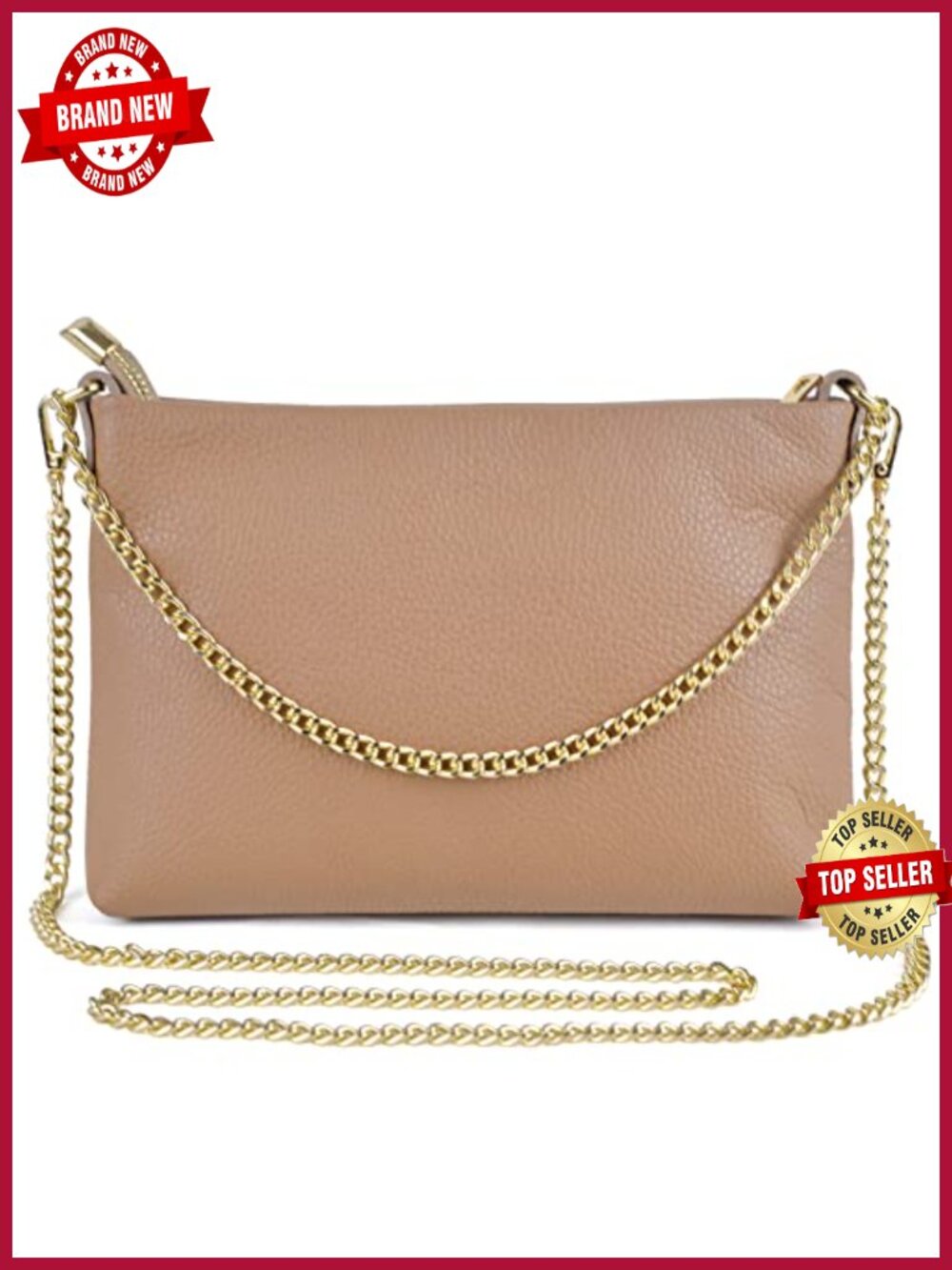 Genuine Leather Italian Clutch Evening Bag with Gold Chain Strap Crossbody Purse